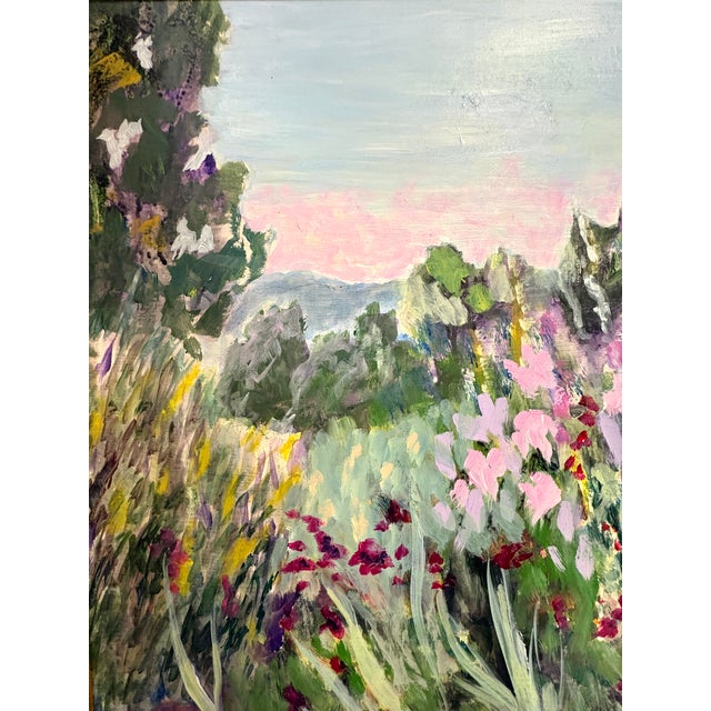 Large-scale original Impressionist-style garden landscape oil painting signed P. M. Overton, featuring an exuberant...