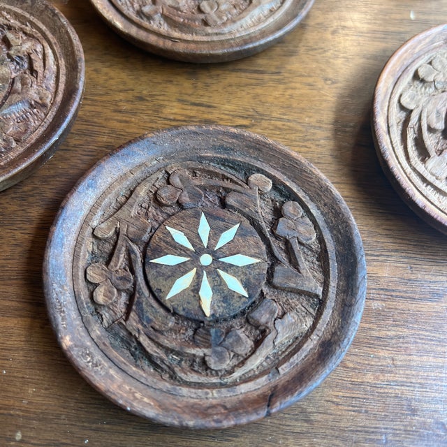 1970s Collection of Hand Carved Wooden Coasters With Holder - 6 pcs For Sale In Atlanta - Image 6 of 12