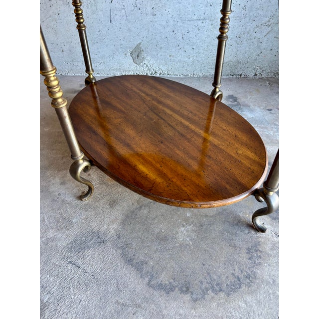Brown Vintage Two-Tier Occasional Table by Weiman, Burl Wood, Brass Details For Sale - Image 8 of 8