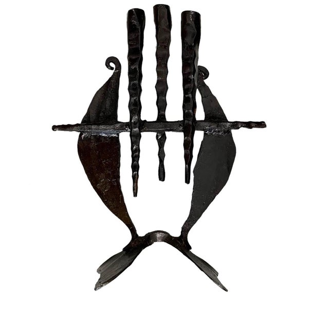 Mid 20th Century David Palombo, Brutalist Hand Forged Iron Sculpture Candelabra Candle Stick Israeli Art Palombo, c.1950's For Sale - Image 5 of 9