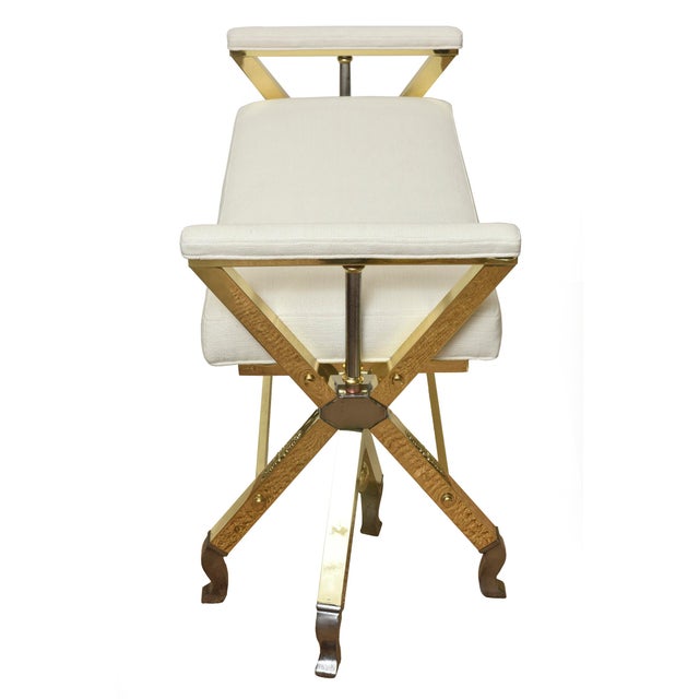 Ralph Lauren Mid Century Modern 3 Legged Bench With Two Metals and Off White Upholstery, Restored, 1950's For Sale - Image 4 of 11