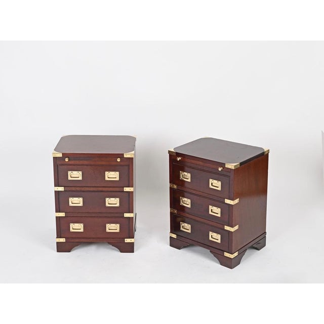 Campaign Style Nightstands in Wood and Brass, 1950, Set of 2 For Sale - Image 3 of 15