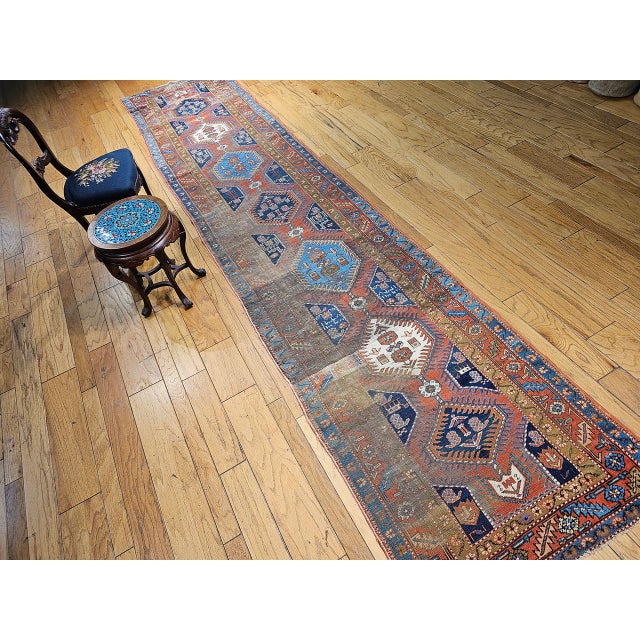 Persian Vintage Persian Heriz Serapi Runner, Hand-Knotted Wool, Geometric Pattern, Terracotta & Navy, 3x16 For Sale - Image 3 of 15