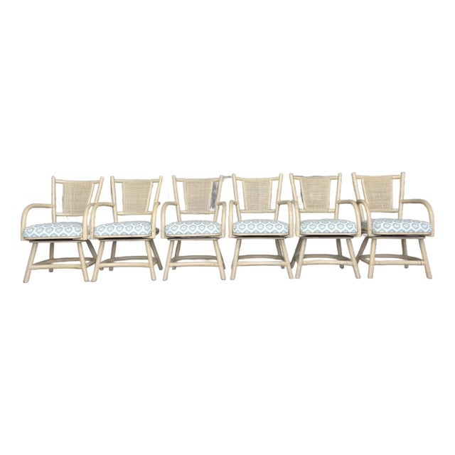 Vintage Organic Modern Rattan Swivel Dining Chairs With Arms and Cane Backs – Set of 6 For Sale