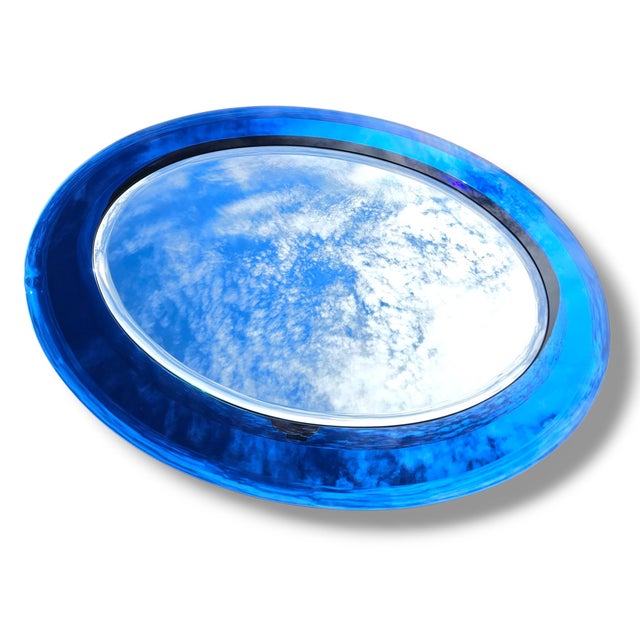 Mid 20th Century Rare Cristal Arte Italian Dual-Tone Mirror – Clear Beveled Oval With Blue Mirrored Border For Sale - Image 11 of 14