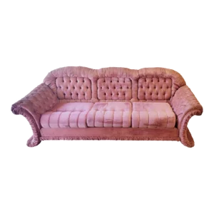 Vintage Tufted Hollywood Regency Dorothy Draper Style Velvet Dusty Rose Upholstered Rolled Arms Long Sofa