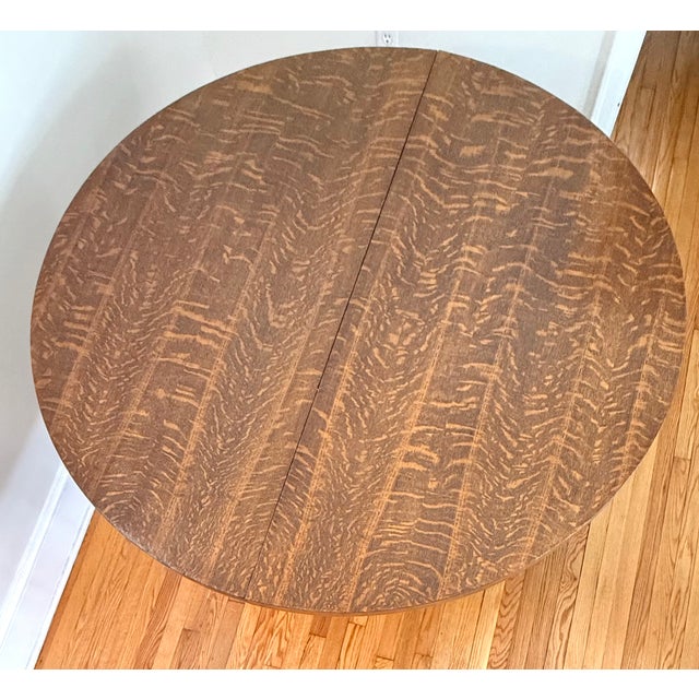 Antique Arts & Crafts Tiger Oak Dining Table on Pedestal Base With 54" Round Top For Sale - Image 4 of 9