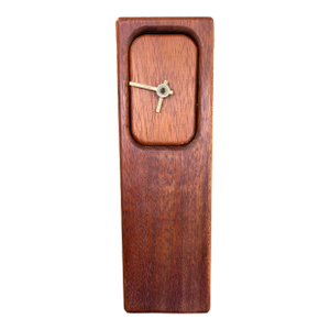 Mid-Century Modern Wood Block Clock With Brass Toned Hands