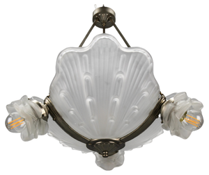 Art Deco French Four-Light White Frosted Glass Shell Ceiling Lamp, 1930s