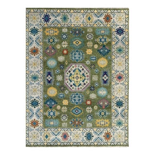 8x10 Inviting Kazak Light Green Traditional Geometric Modern Hand Knotted Wool Rug For Sale