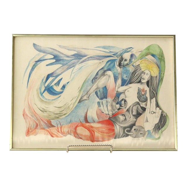 Vintage Surrealist Colored Pencil Drawing “The Annunciation" by Guenther C1966 For Sale