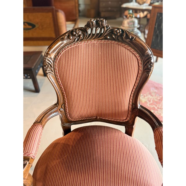 Mid 20th Century Pair of Vintage Walnut Louis XV-Style Upholstered Arm Chairs For Sale - Image 5 of 9