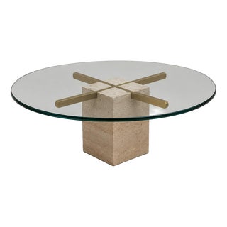 Vintage Round Travertine and Brass Coffee Table with Glass Top For Sale