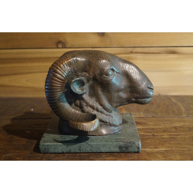 Gothic 1940s Bronze Ram Head Sculpture on Marble Base For Sale - Image 3 of 8