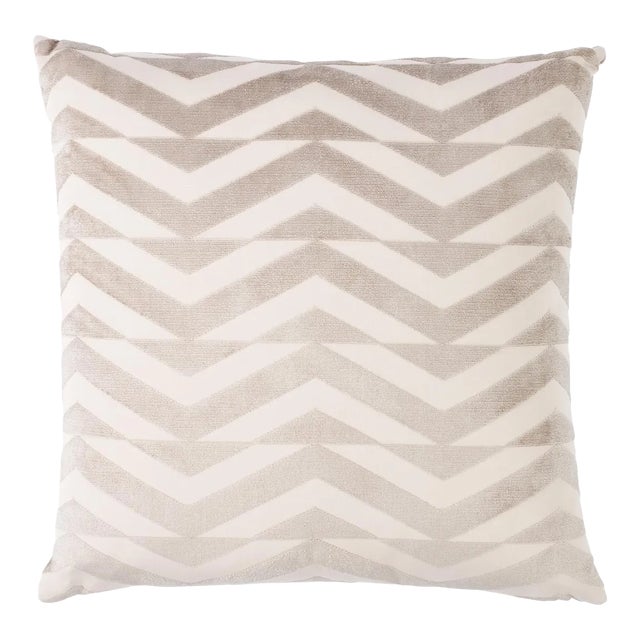 Schumacher x Miles Redd Broken Chevron Cut Velvet 20" Pillow in Taupe on Ivory For Sale