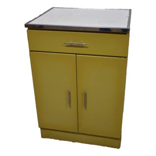 Vintage 1950s Yellow Metal Kitchen Cabinet W/ Formica Top Mid-Century For Sale