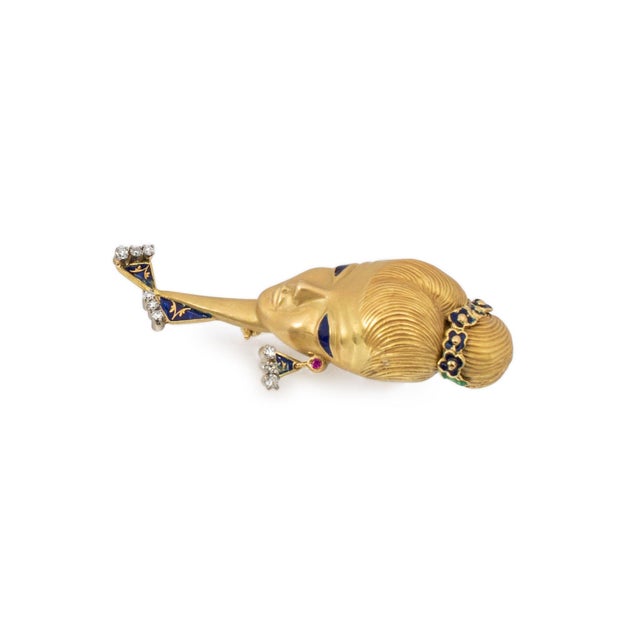 Art Nouveau Vintage 18k Yellow Gold Diamond Blue Enamel Face Pin Brooch For Sale - Image 3 of 5