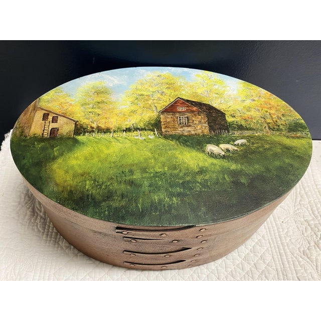 Brown 1980's Oval Bentwood Shaker Box, Folk Art Rural Scene, Artist Signed Inez, 11" For Sale - Image 8 of 17
