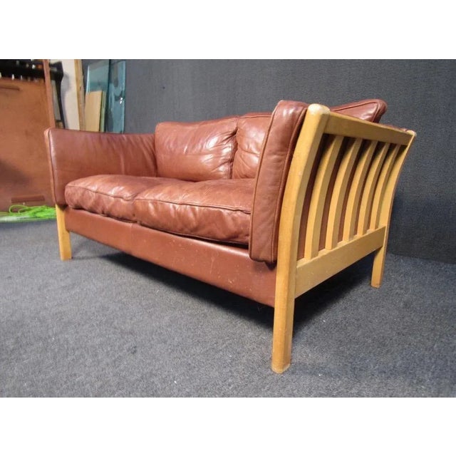 Mid-Century Modern Vintage Leather Loveseat For Sale - Image 3 of 11