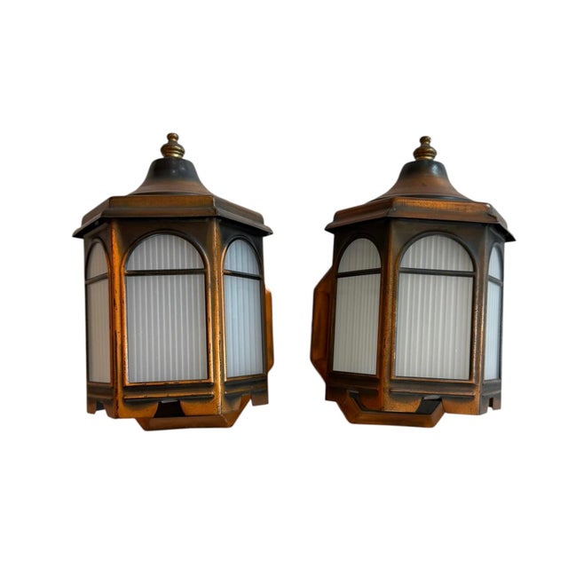 Mid 20th Century Weathered Brass and Copper Pair of Porch Lights - a Pair For Sale - Image 9 of 14