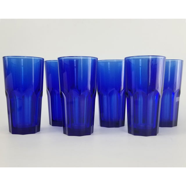 Arcoroc Cobalt Blue Drinking Glasses/Tumblers France 7 Panel Set of 6