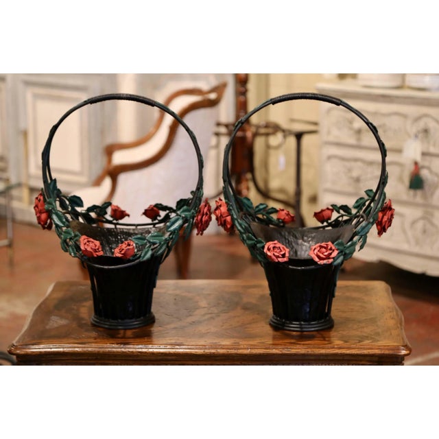 Black Mid 20th Century Vintage French Painted Metal Hanging Baskets With Floral and Leaf Decor - a Pair For Sale - Image 8 of 13