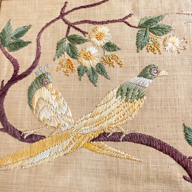 Late 20th Century Vintage Embroidered Bird Textile Wall Panel in Wood Frame For Sale - Image 5 of 12