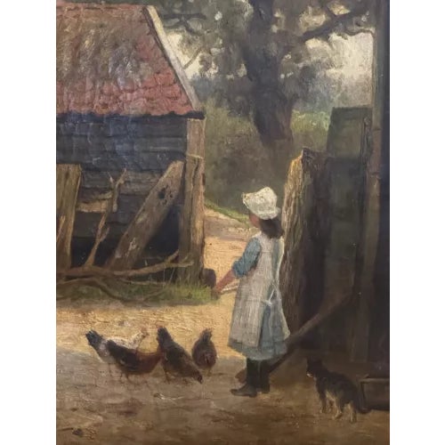E. Allum 1886 Oil on Canvas Gathering the Chickens Framed Victorian Painting. Charming scene with girl feeding chickens....
