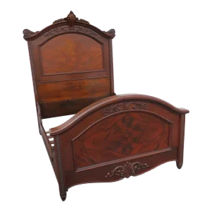 Late 1800s Victorian Carved Extra Tall Solid Walnut Full Size Bedframe