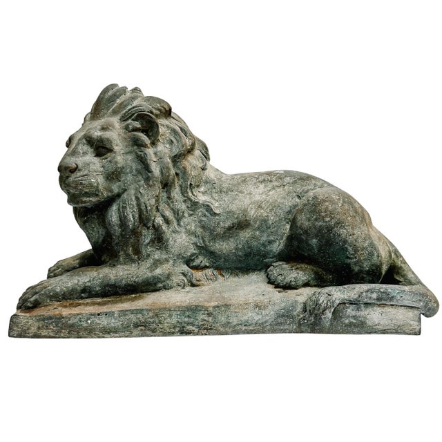 Rustic European Grand Scale Vintage Continental European Patinated Bronze Recumbent Lions - Pair For Sale - Image 3 of 18