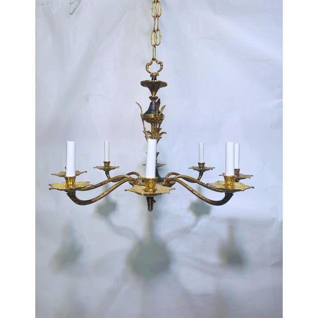 This ornate brass chandelier features six gracefully curved arms, each topped with a candle‑style light that enhances its...