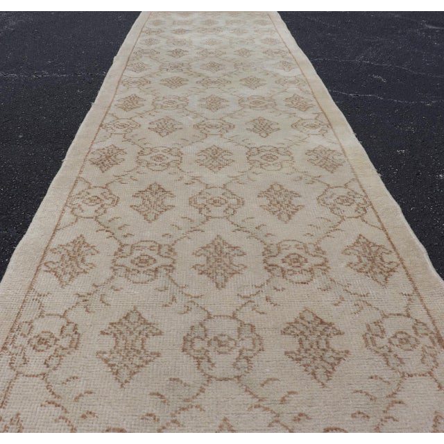 Textile Vintage Turkish Oushak Runner With Light Brown All-Over Latticework Design 2'1'' X 8'7'' For Sale - Image 7 of 12