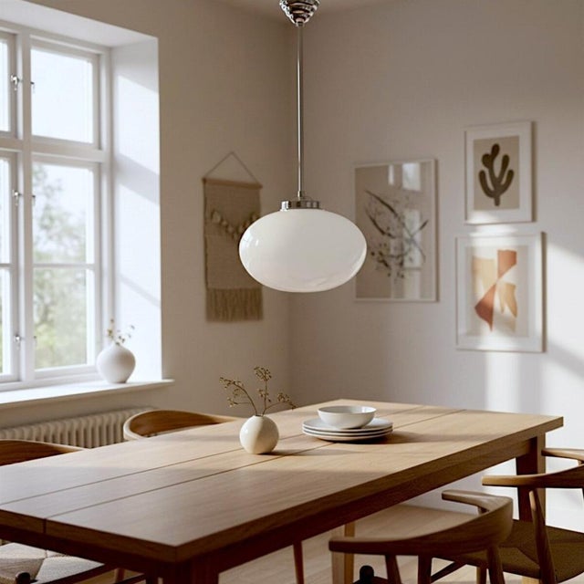 Minimalist oval art deco hanging lamp, so versatile that it can be also used in mid century modern or bauhaus style...