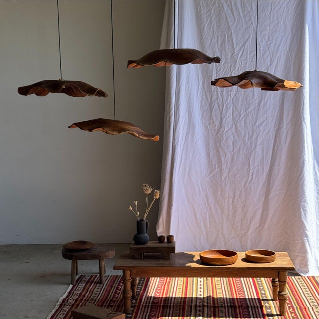 Wood Large Flat Wavy Leaf-Shaped Teak Pendant Light with Floral Design For Sale - Image 7 of 12