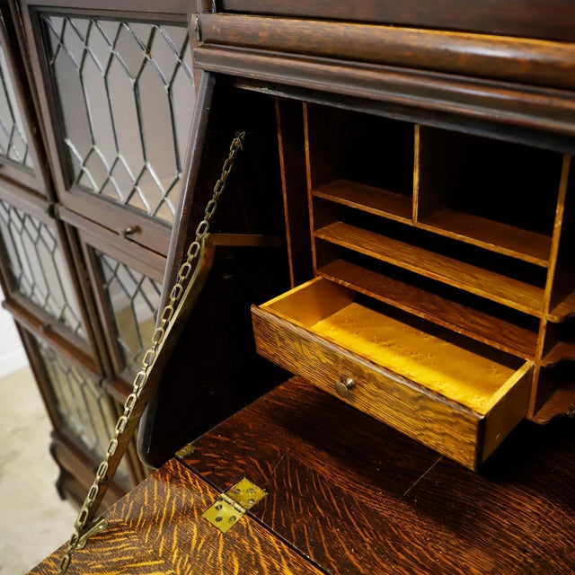 Wood Early 20th Century Rare Macey Sectional Bookcase made in Tiger Oak w/ Leaded Glass Doors. For Sale - Image 7 of 18