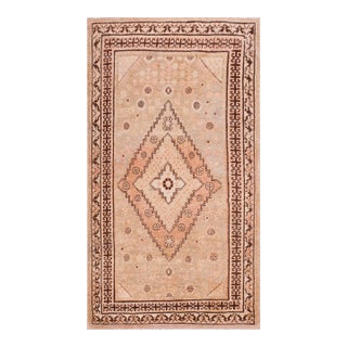 1920s Tan Beige Medallion Antique Central Asian Chinese Khotan Rug 4'3" X 8' Handknotted Wool Carpet For Sale