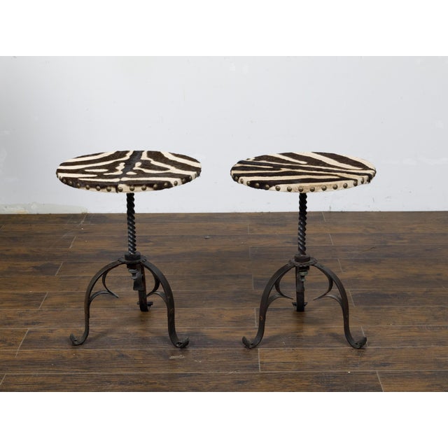Mid-Century Modern Pair of Midcentury French Guéridon Tables with Zebra Hide and Iron Tripod Bases For Sale - Image 3 of 11