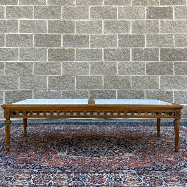 Wood Vintage Gordon's Fine Furniture French Louis XVI Walnut Coffee Table With Italian Marble Inserts For Sale - Image 7 of 16