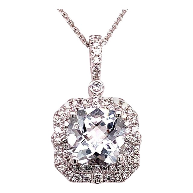 Diamond Aquamarine Necklace 18k Gold 2.24 TCW Certified For Sale