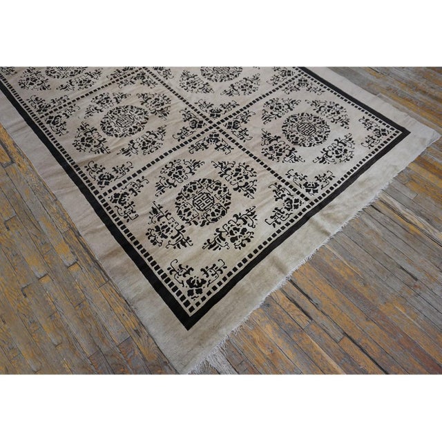 Beige Open Field With Black Diamond Pattern 1890s Antique Chinese Peking Rug For Sale - Image 4 of 9