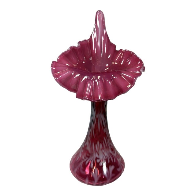 Vintage MCM Fenton Cranberry Pulpit Fern Opalescent Tulip Vase For Sale