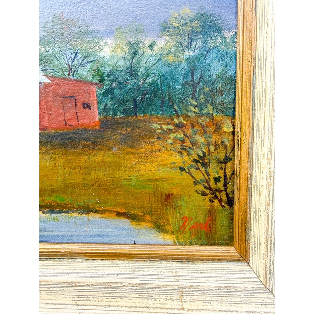 This painting depicts a classic Americana farm scene featuring a prominent red barn and white silo under a dramatic,...