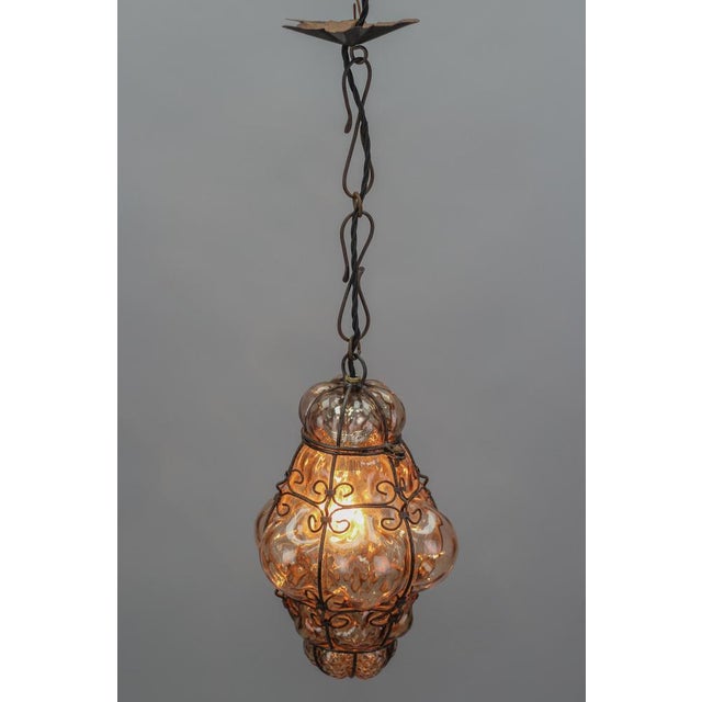 1950s Italian Venetian Amber Smoke Coloured Clear Murano Glass Caged Hanging Lantern, 1950s For Sale - Image 5 of 18