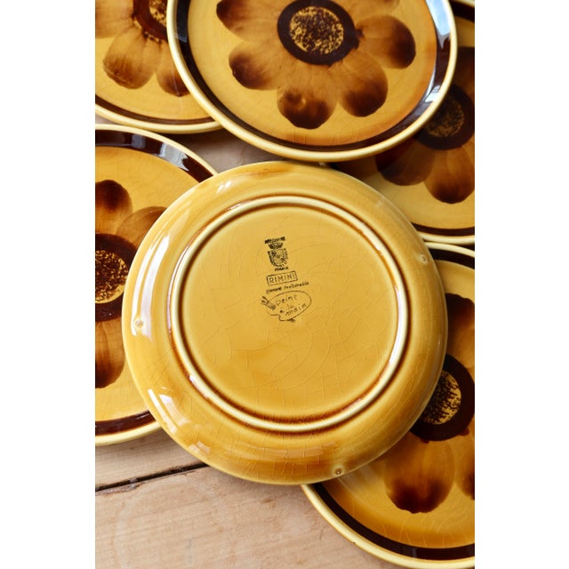 This set of vintage earthenware plates, "Rimini" model, features hand-painted flowers in warm tones of yellow and brown,...