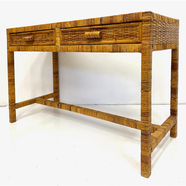Mid-Century Modern Vintage Palm Beach Regency Coastal Console Desk in Split Rattan, Glass Top For Sale - Image 3 of 7