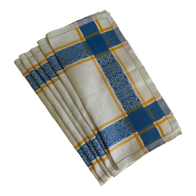 Vintage European Linen Napkins, Blue & Mustard Jacquard Plaid With Damask Border, Hemstitched - Set of 6 For Sale
