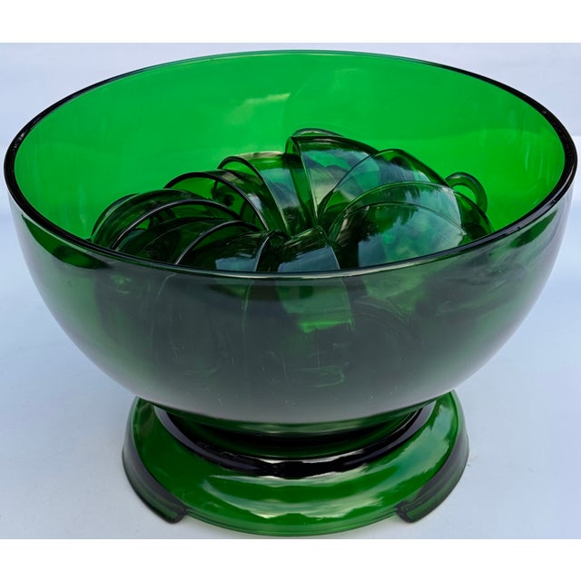 Glass Mid-Century Anchor Hocking Hunter Green Glass Cache Pot or Punch Bowl Set - 12 Pieces For Sale - Image 7 of 18