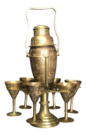 1930s Etched Brass Shaker and Shot Glasses on a Carousal - Set of 8