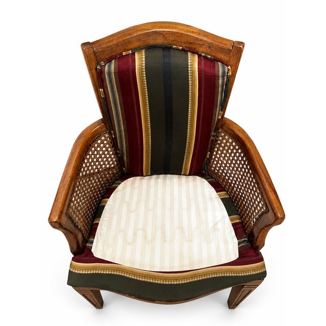 Wood Vintage French Provincial Cane and Striped Upholstered Armchairs — Pair For Sale - Image 7 of 11