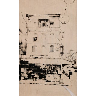 Lanterns (Acoustic) by Stephanie Hartshorn | Oil on wood Urban scene with lanterns and buildings. For Sale